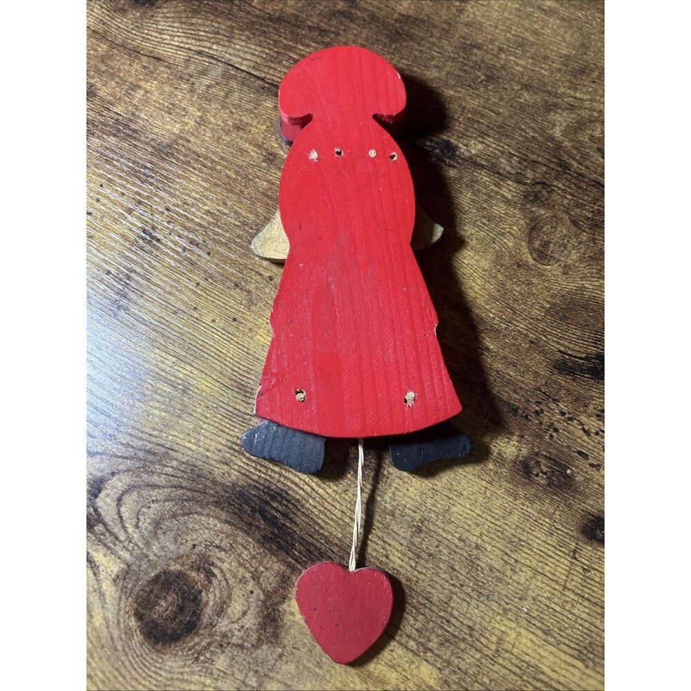Angel Wooden Christmas Vintage Ornament W/ Harp Heart String Wings Brown Hair - Picture 6 of 10